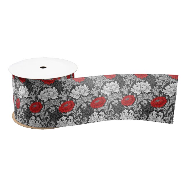 William Morris Chrysanthemums, Grey and Red Satin Ribbon (Spool)