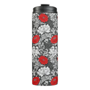 William Morris Chrysanthemums, Grey and Red Thermal Tumbler