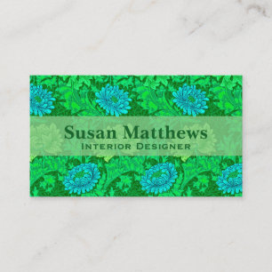 William Morris Chrysanthemums, Lime Green & Aqua Business Card