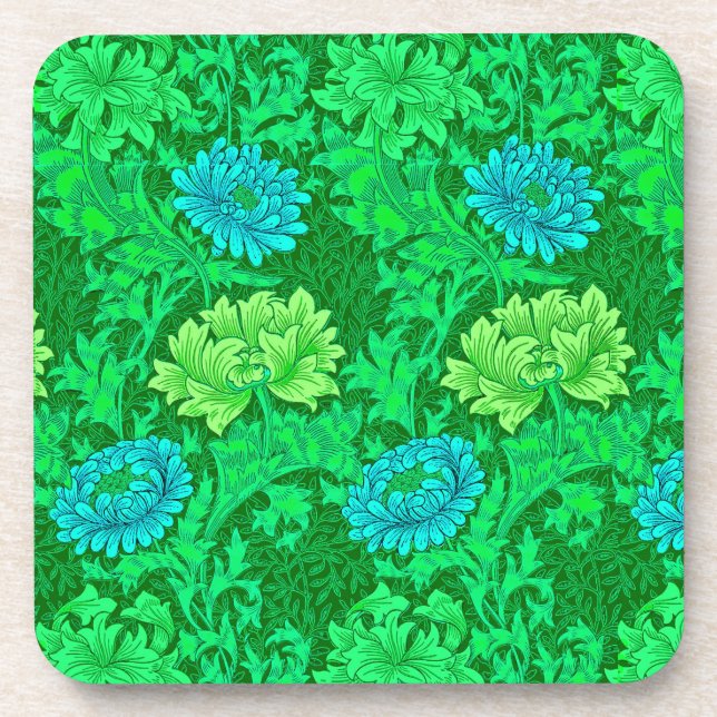 William Morris Chrysanthemums, Lime Green & Aqua Coaster (Front)