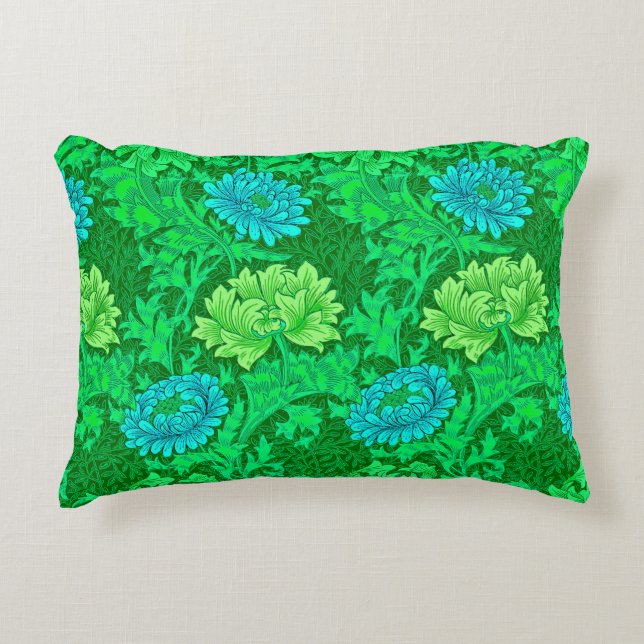 William Morris Chrysanthemums, Lime Green & Aqua Decorative Cushion (Front)
