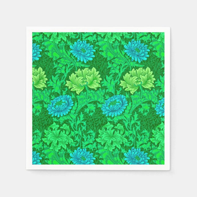 William Morris Chrysanthemums, Lime Green & Aqua Napkin (Front)