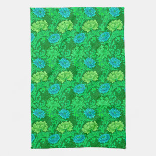 William Morris Chrysanthemums, Lime Green & Aqua Tea Towel