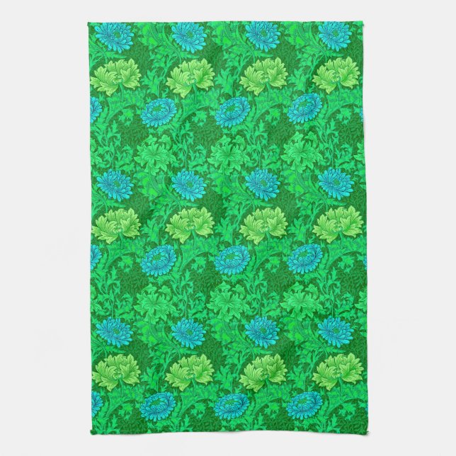 William Morris Chrysanthemums, Lime Green & Aqua Tea Towel (Vertical)