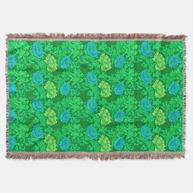 William Morris Chrysanthemums, Lime Green & Aqua Throw Blanket (Front)