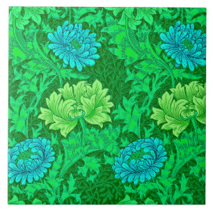 William Morris Chrysanthemums, Lime Green & Aqua Tile