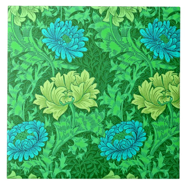 William Morris Chrysanthemums, Lime Green & Aqua Tile (Front)