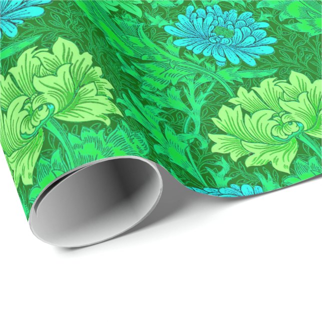 William Morris Chrysanthemums, Lime Green & Aqua Wrapping Paper (Roll Corner)