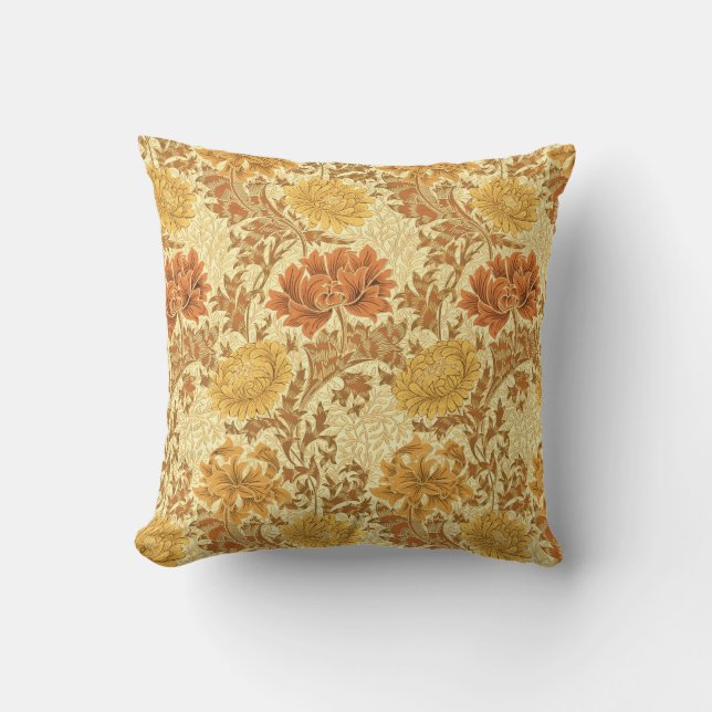 William Morris Chrysanthemums, Mustard Gold Outdoor Cushion (Front)