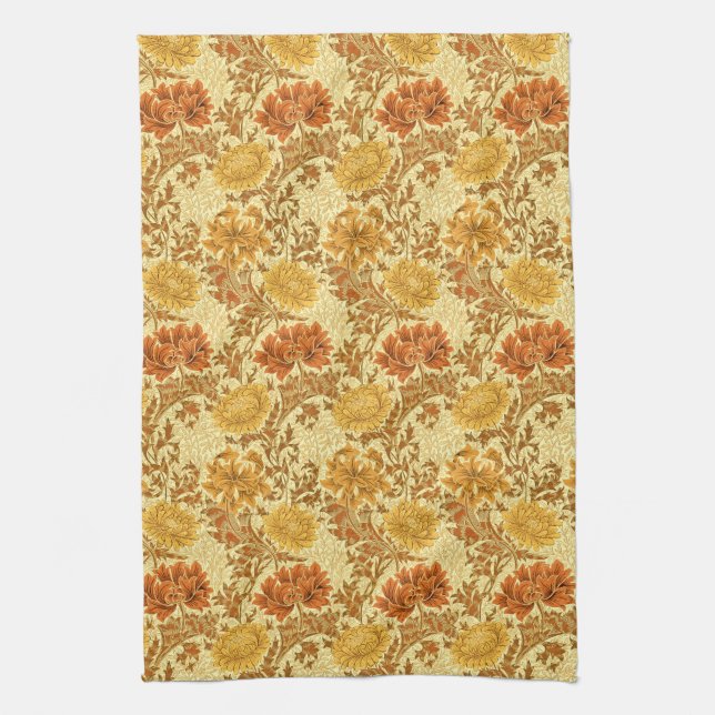 William Morris Chrysanthemums, Mustard Gold  Tea Towel (Vertical)