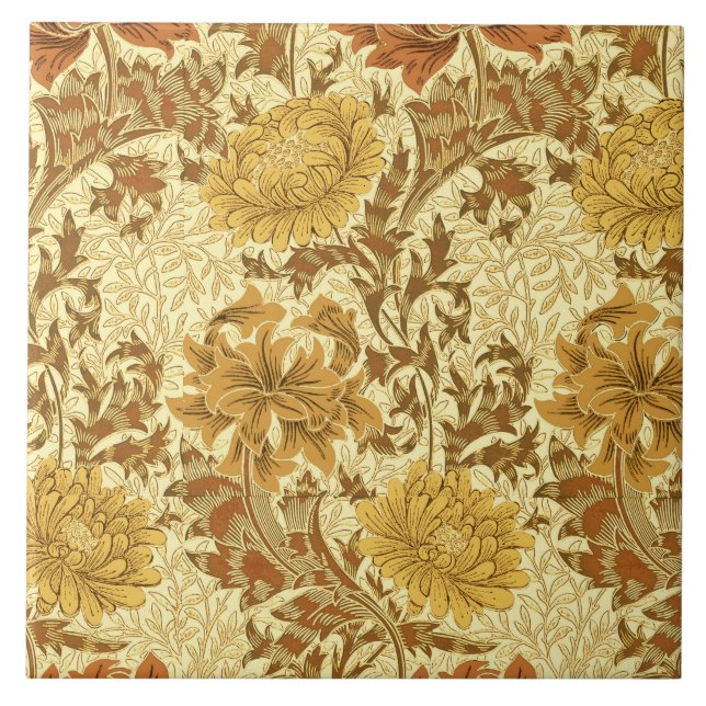 William Morris Chrysanthemums, Mustard Gold Tile (Front)