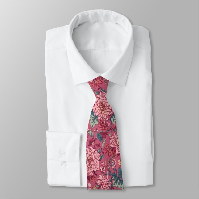  William Morris Chrysanthemums Pink Floral Tie (Tied)
