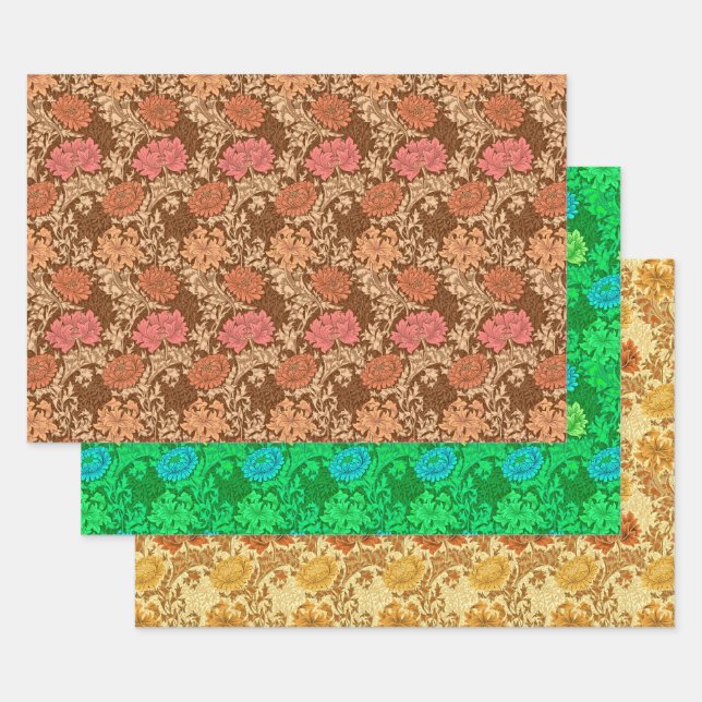 William Morris Chrysanthemums, Rust, Green & Gold  Wrapping Paper Sheet (Set)
