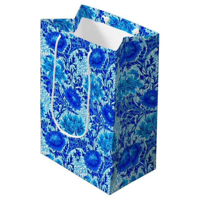 William Morris Chrysanthemums Shades of Denim Blue Medium Gift Bag (Front Angled)