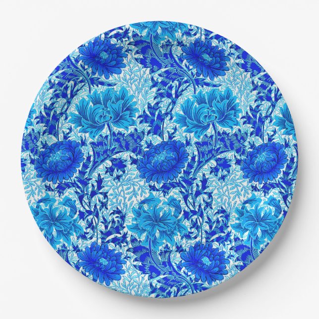 William Morris Chrysanthemums Shades of Denim Blue Paper Plate (Front)