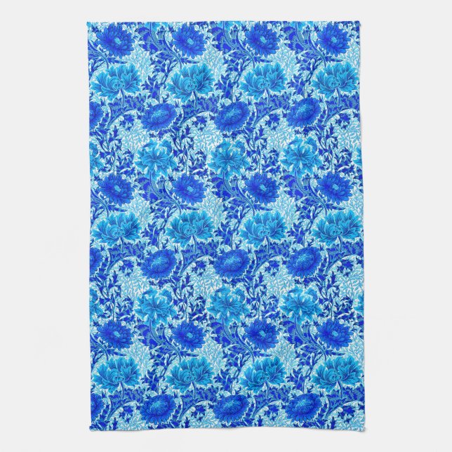 William Morris Chrysanthemums Shades of Denim Blue Tea Towel (Vertical)