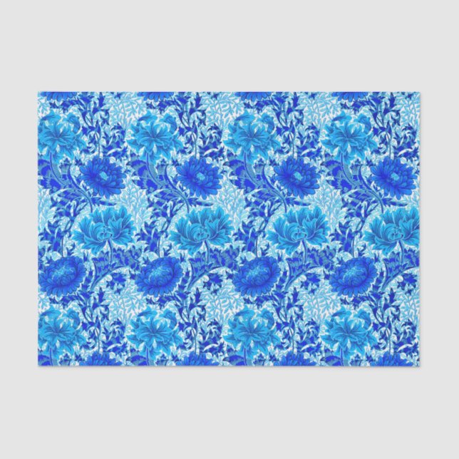 William Morris Chrysanthemums Shades of Denim Blue Tissue Paper (Front)