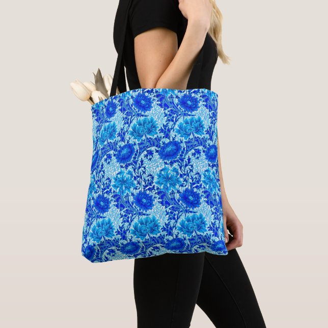 William Morris Chrysanthemums Shades of Denim Blue Tote Bag (Close Up)