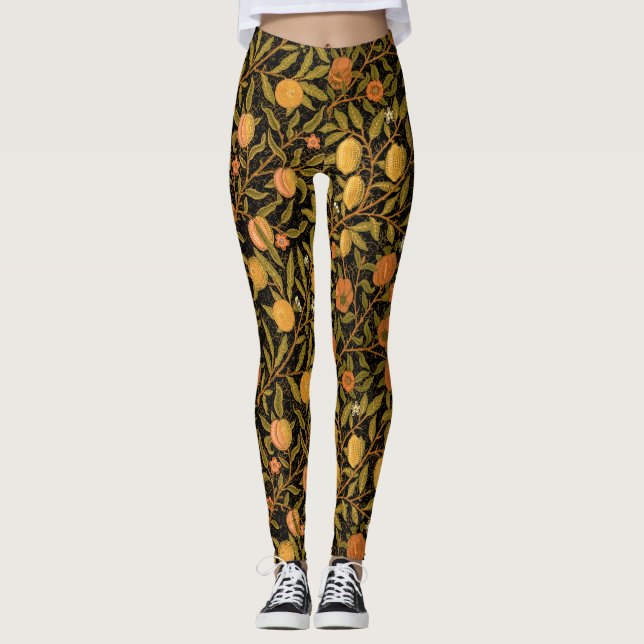 William Morris ~ Citrus on Black Leggings (Front)