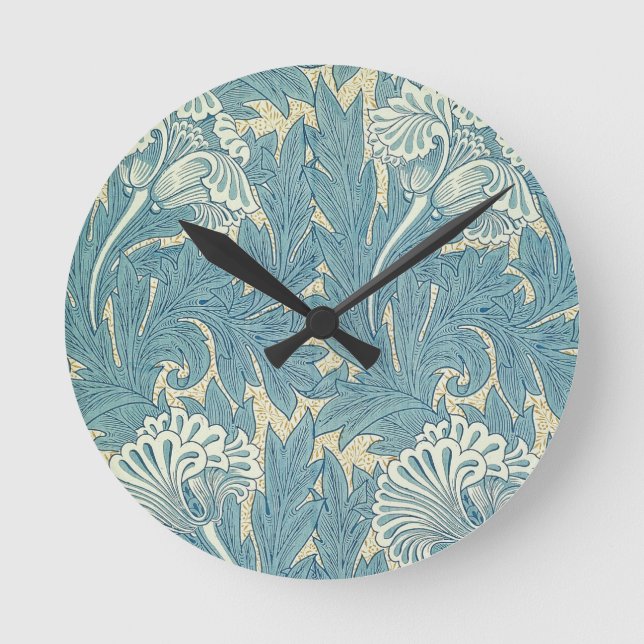 William Morris Classic Tulip Blue Floral Round Clock (Front)