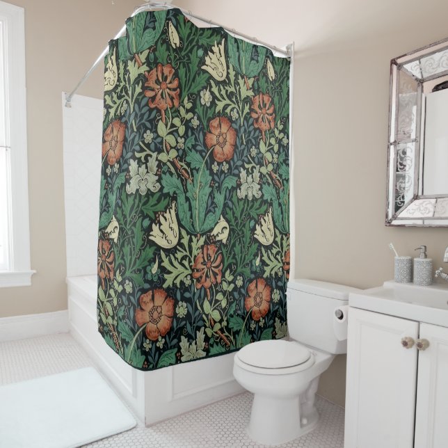 William Morris Compton Floral Art Nouveau Pattern Shower Curtain (In Situ)