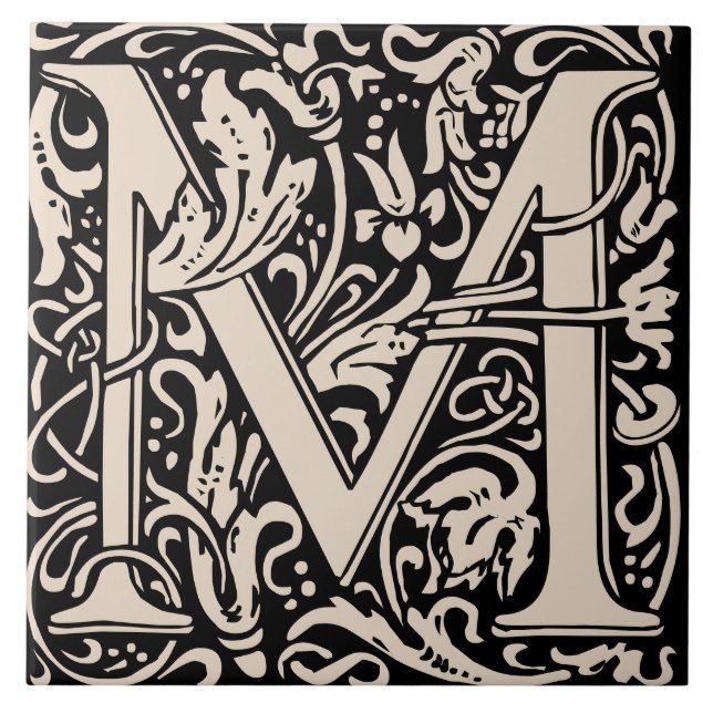 William Morris Cream Monogrammed Letter M Tile (Front)