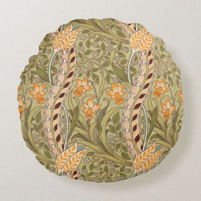 William Morris Daffodil Garden Flower Classic Bota Round Cushion (Front)