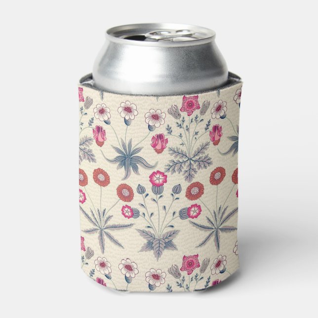 William Morris Daisy Floral Pattern Red Orange Can Cooler (Can Front)