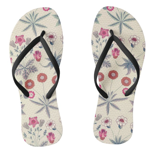William Morris Daisy Floral Pattern Red Orange Flip Flops (Footbed)