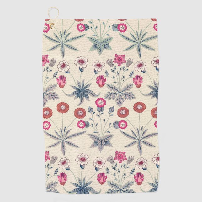William Morris Daisy Floral Pattern Red Orange Golf Towel (Front)