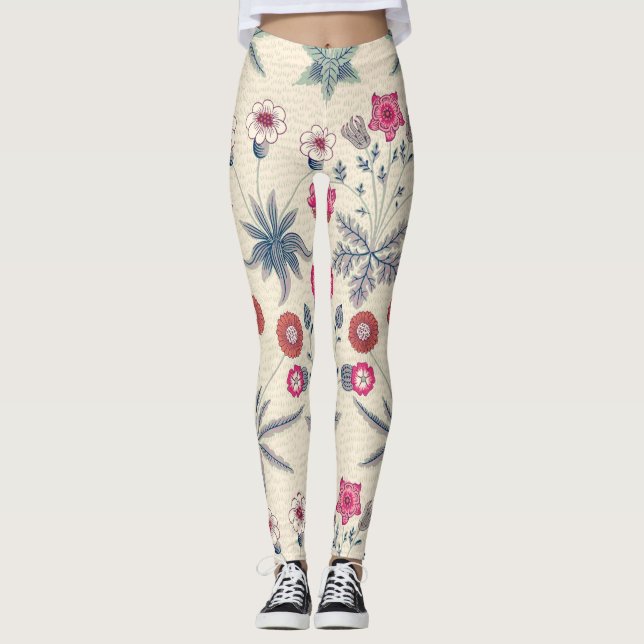 William Morris Daisy Floral Pattern Red Orange Leggings (Front)