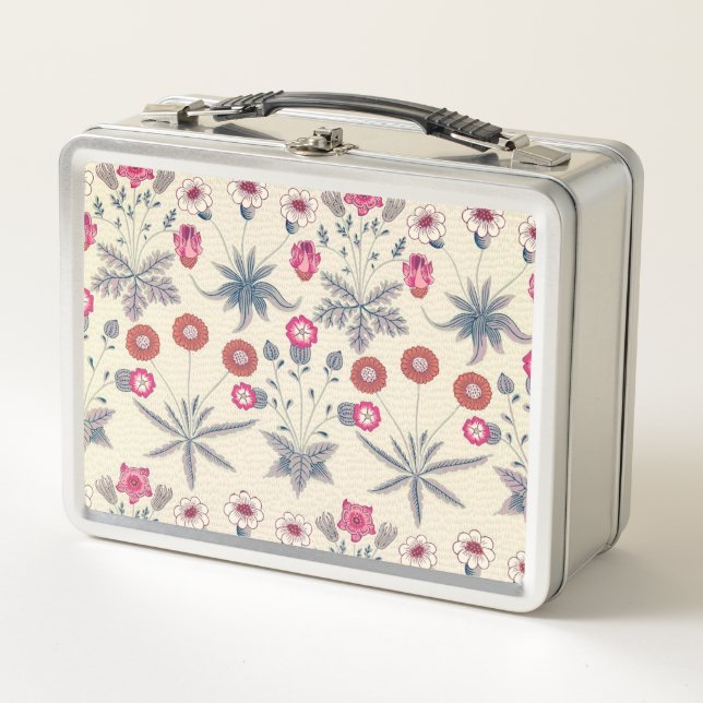 William Morris Daisy Floral Pattern Red Orange Metal Lunch Box (Front)