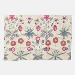 William Morris Daisy Floral Pattern Red Orange Tea Towel