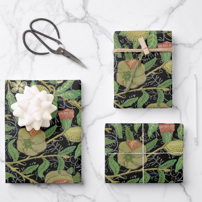 William Morris Dark Pomegranate Fruit Pattern Wrapping Paper Sheet (Front)