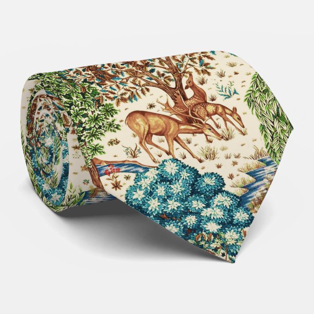 William Morris Deer by a Brook Beige and Blue  Tie (Rolled)