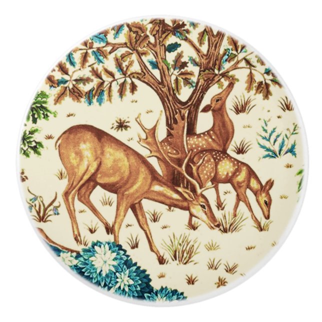 William Morris Deer by a Brook Tapestry Beige Ceramic Knob (Front)