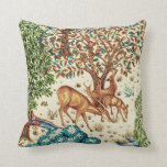 William Morris Deer by a Brook Tapestry Beige Cushion<br><div class="desc">Throw pillow in a William Morris tapestry design of three deer beside a brook in a fantasy forest setting of trees in shades of soft green and aqua,  against a beige background</div>
