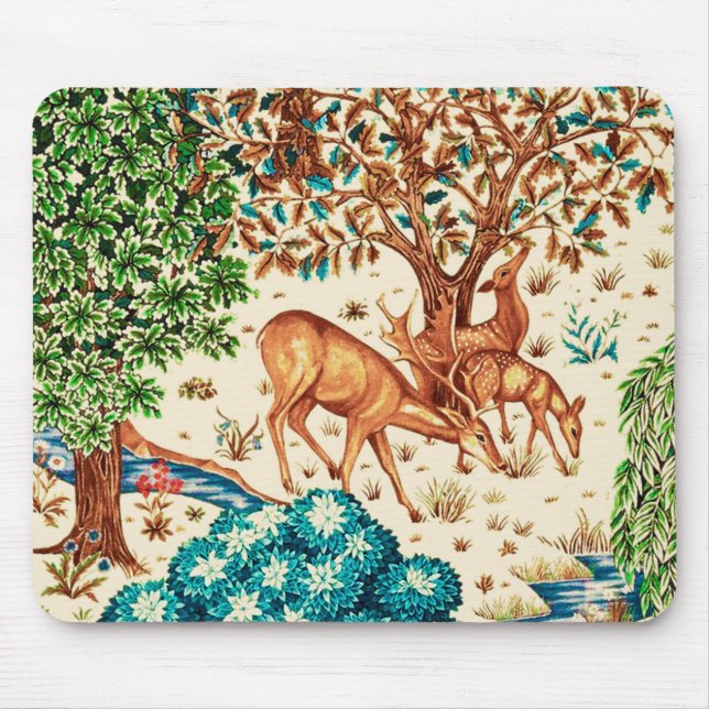 William Morris Deer by a Brook Tapestry Beige Mouse Mat (Front)