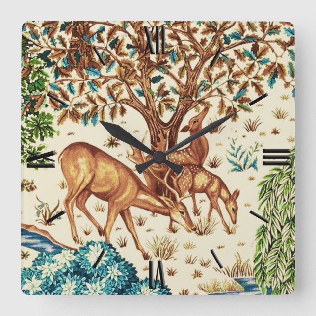 William Morris Deer by a Brook Tapestry Beige Square Wall Clock (Front)