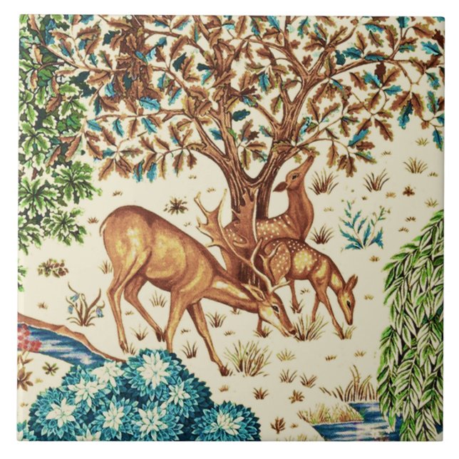 William Morris Deer by a Brook Tapestry Beige Tile (Front)