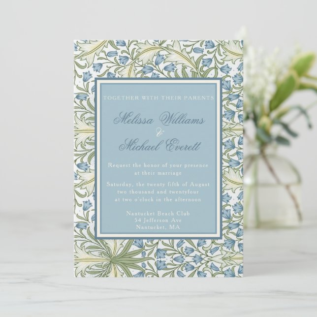 william Morris - Elegant Blue Bellflowers Wedding Invitation (Standing Front)