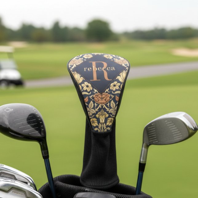 William Morris Elegant Gold Black Floral Monogram Golf Head Cover (Creator Uploaded)