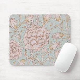 William Morris, Elegant Pink Wild Tulips Soft Blue Mouse Mat