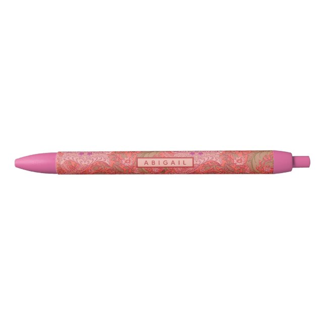 William Morris - Elegant Red & Pink Floral Black Ink Pen (Front)