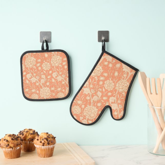 William Morris - Elegant Wild Tulips - Orange Oven Mitt & Pot Holder Set (Insitu(Hanging))