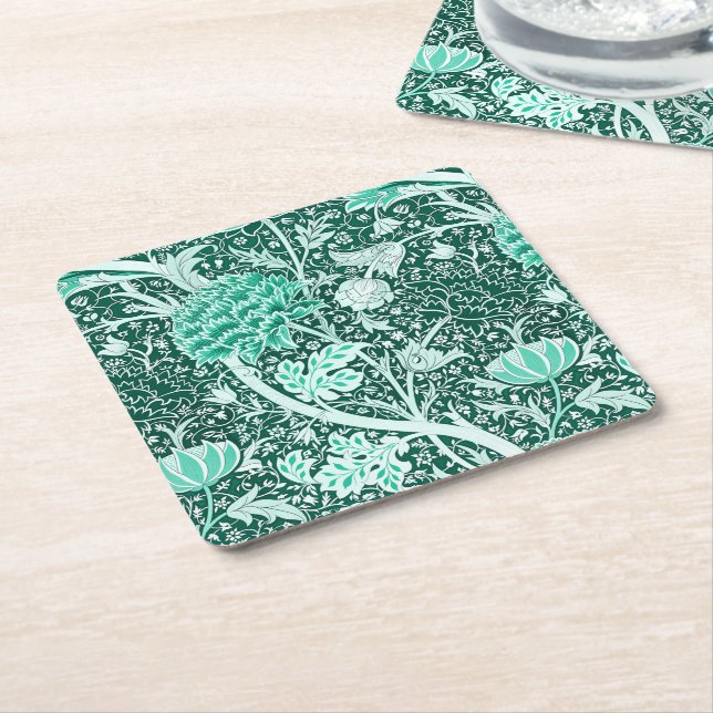 William Morris Emerald Green Floral Pattern Square Paper Coaster (Angled)