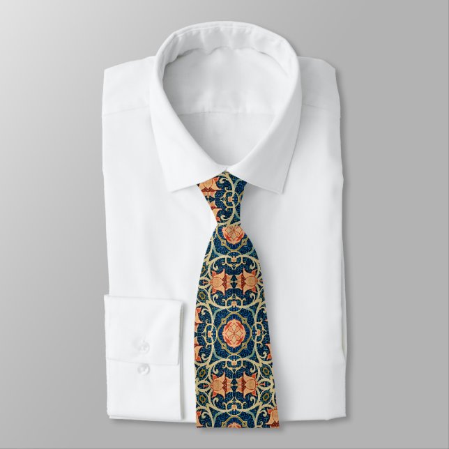 William Morris Floral Arabesque Geometric Pattern Tie (Tied)