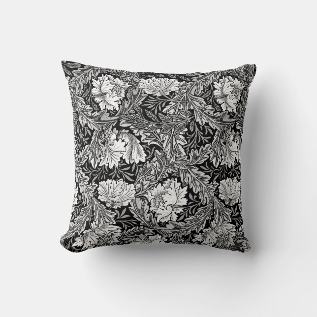 William Morris Floral, Black, White & Grey / Grey Cushion (Front)