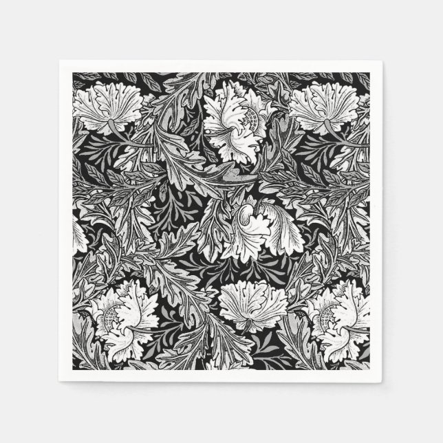 William Morris Floral, Black, White & Grey / Grey Napkin (Front)