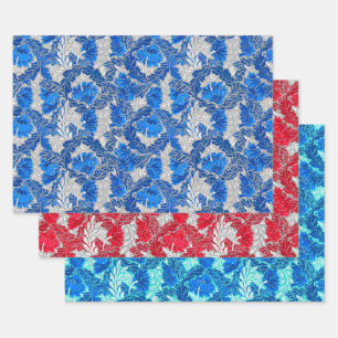 William Morris Floral, Blue, Red & Turquoise Wrapping Paper Sheet